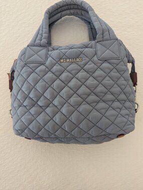 MZ Wallace Quilted Crossbody Bag in Light Blue with Tan Trim